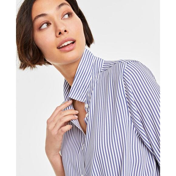 On 34th Women's Button-Front stripped Crepe Shirt Size 3X In Bijou Blue Combo. - Picture 3 of 14